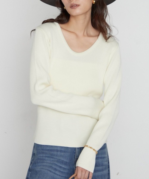 ニット セーター 「デコルテすっきり見え/5色展開」Uネックリブニット　秋服 レディース