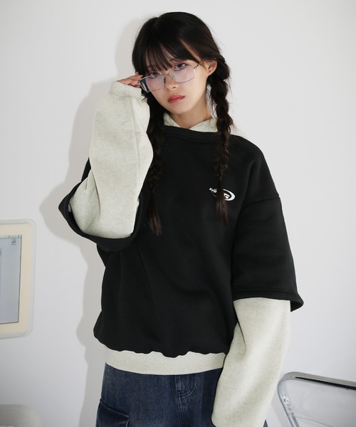 パーカー オーバーサイズワンポイントロゴ刺繍配色バルーンスリーブ
