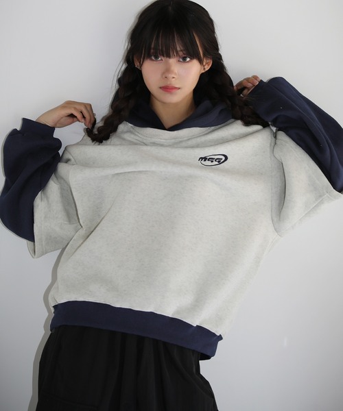 パーカー オーバーサイズワンポイントロゴ刺繍配色バルーンスリーブ