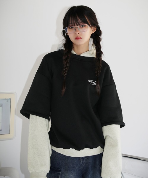 黒 フード付き パーカー バルーンスリーブ EMMA CLOTHES パーカー ラグランバルーンスリーブオーバーサイズ