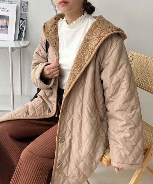 AS KNOW コート アウター 裏ボアキルティングフードコート レディース