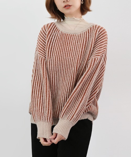 ニット セーター ストライプラウンドネックニット レディース