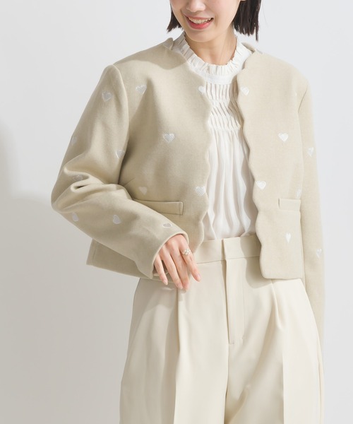 PICCIN PERLA ジャケット ノーカラージャケット ハート刺繍スカラップ