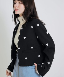 レディースジャケット PICCIN PERLA ジャケット ノーカラージャケット ハート刺繍スカラップ