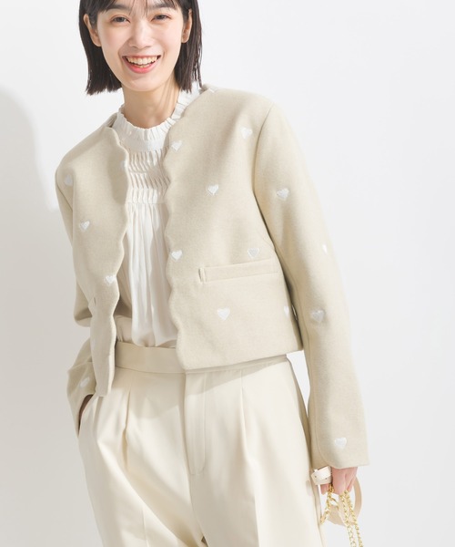 PICCIN PERLA ジャケット ノーカラージャケット ハート刺繍スカラップ
