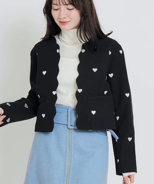 PICCIN PERLA ジャケット ノーカラージャケット ハート刺繍スカラップ