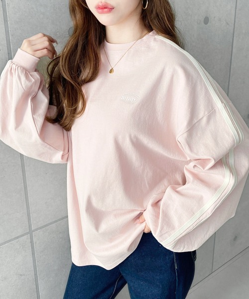 moment+ tシャツ 綿100％天竺.ワンポイント刺繍配色カラーライン入り
