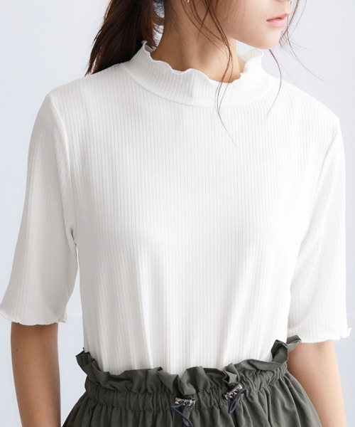CFCL リブ ハイネック 半袖 トップス ホワイト ニッセン（nissen） tシャツ 半袖 細リブハイネック5分袖カットソー