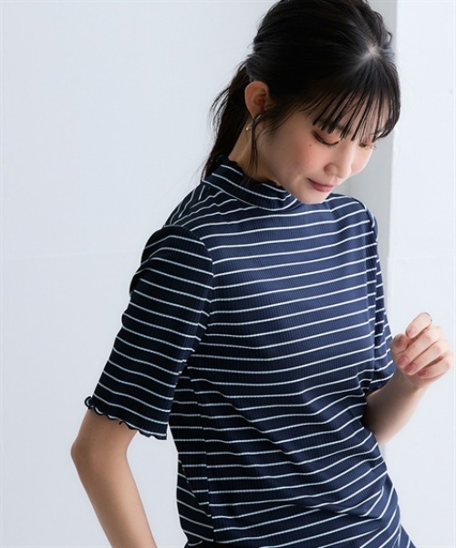 ニッセン（nissen） tシャツ 細リブハイネック5分袖カットソートップス