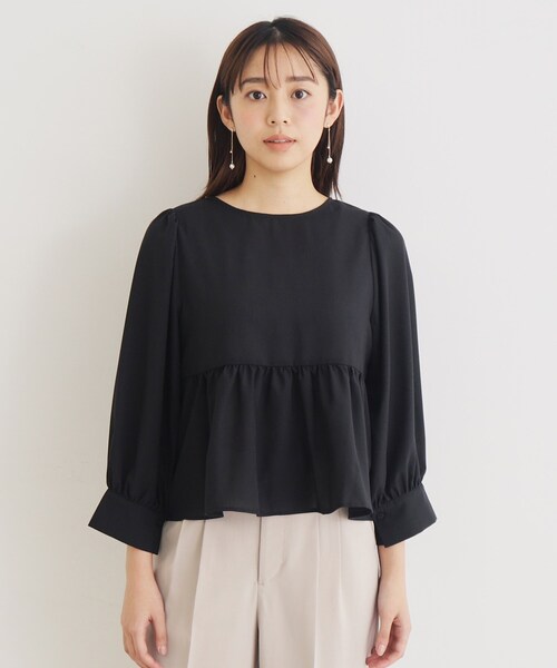 セルリパフスリーブ ブラウス F ストレッチ バックVネック 黒 半袖 index ブラウス シャツ 前後2way リボンパフスリーブブラウス