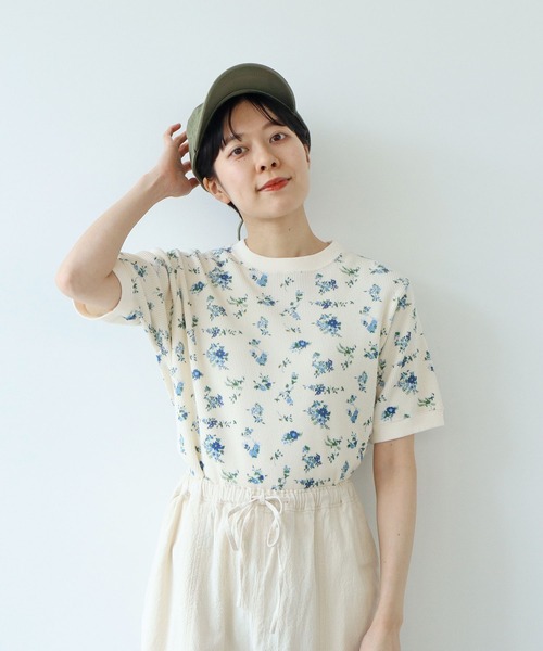 PAR ICI tシャツ コーマワッフル 小花柄半袖Tシャツ レディース