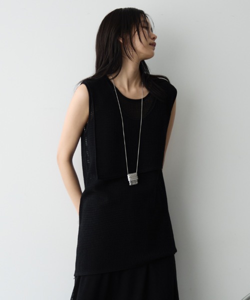 セットアップ メッシュトップス ロングスカート ブラック cr4034 DFFUR. ワンピース サマーメッシュトップス＆スカートセット