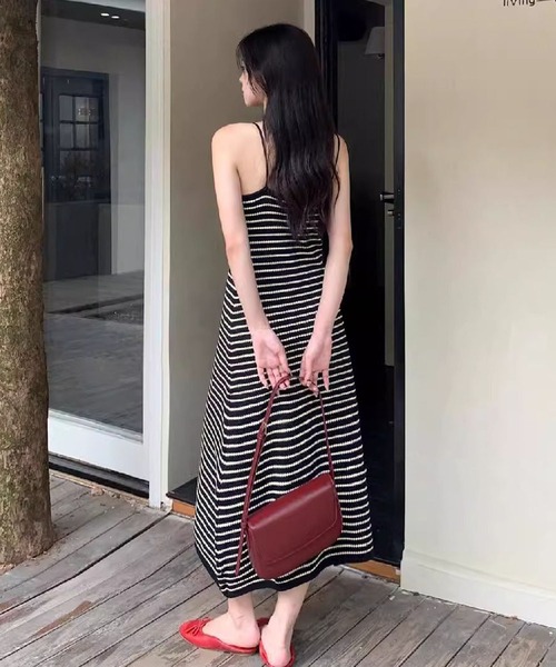 ノースリーブ ロングキャミ フレア ボーダー ワンピース Kuroba ワンピース ボーダー柄キャミロングワンピース