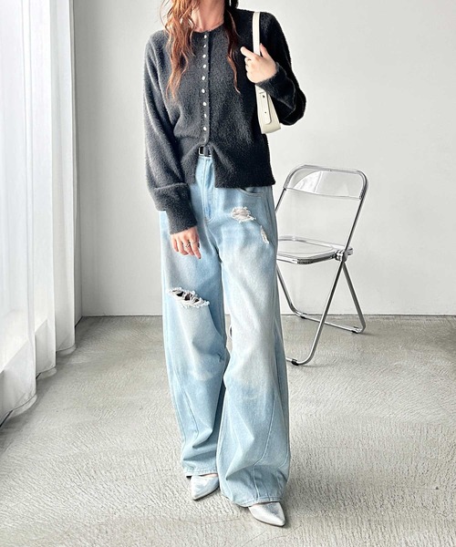 GeeRA（ジーラ） カーディガン ゴールドボタン裾スリットシャギー