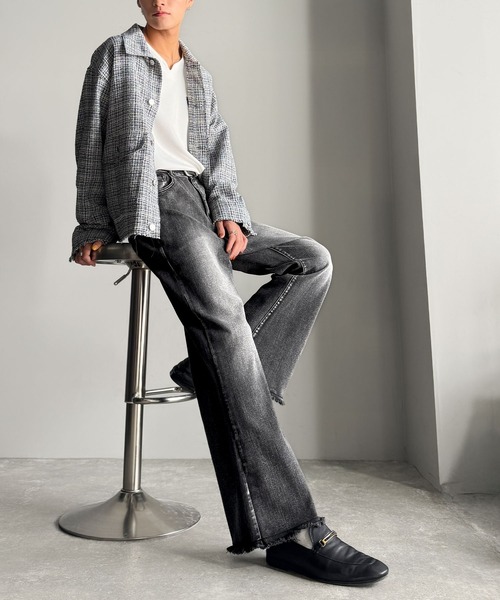 Classical Origin ジーンズ ブラスト＆裾フリンジ加工ストレッチ素材