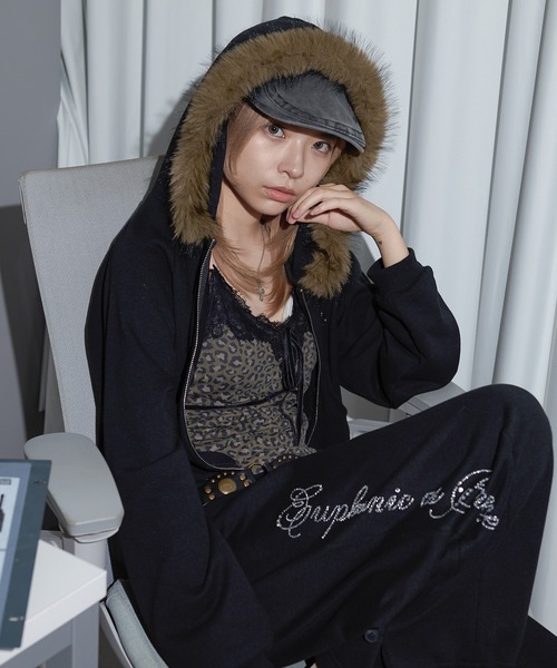 ファー付き黒ジッパーパーカー Mサイズ セール】【 3color 】ファーフードジップアップパーカー ／ fur