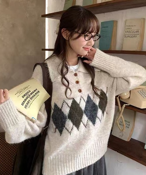 Achic(アシック) ニット セーター アーガイル柄 ニットカーディガン Achic(アシック) ニット セーター アーガイル柄 ニットカーディガン