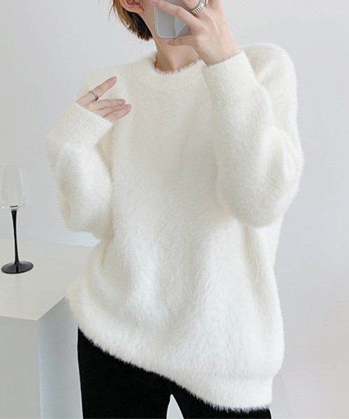 ニット セーター ラウンドネックふわふわニットトップス レディース