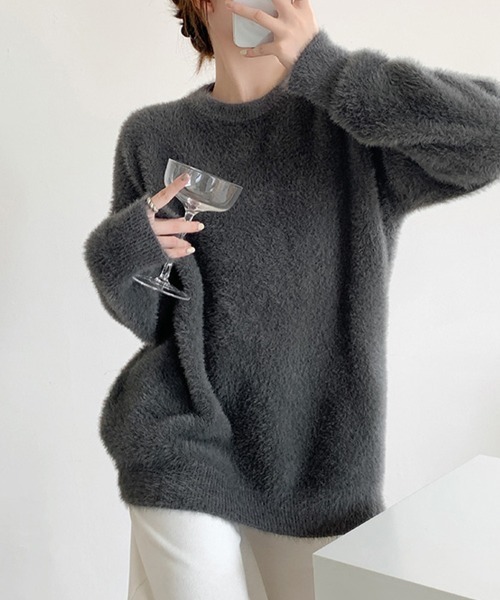 ふわふわ球芯ニット グレー ニット セーター ラウンドネックふわふわニットトップス レディース