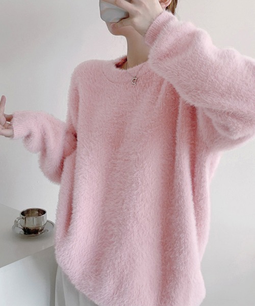 ニット セーター ラウンドネックふわふわニットトップス レディース