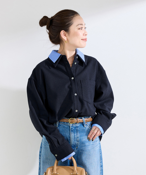 everyday basic shirt ブラウス COFREX】 スタンド ビジューブラウス 七分袖 レディースデザインシャツ