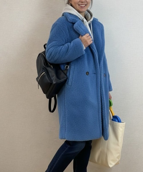 美品✨ダブルスタンダードクロージング 22AW テディベア ボアコート 青36 コート アウター テディボア ダブルボタンロングコート レディース