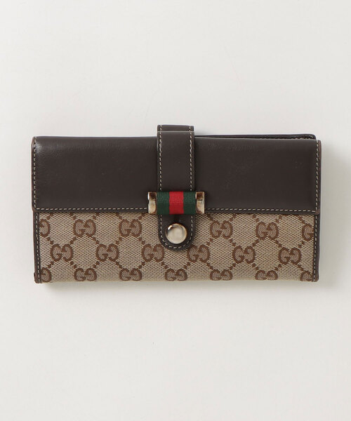 美品 グッチ GGキャンバス シェリーライン 長財布 GG柄 レザー ブラウン GUCCI（グッチ） GGキャンバス シェリーライン 財布 - ブラウン