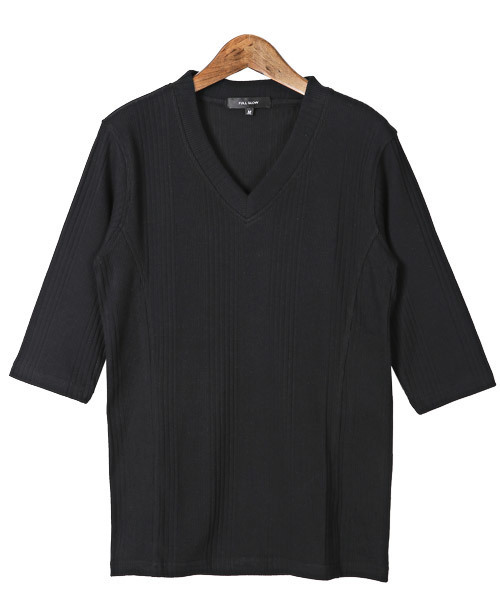 LUXSTYLE tシャツ ランダムテレコ＆リブVネック7分袖カットソー