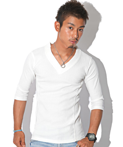 LUXSTYLE tシャツ ランダムテレコ＆リブVネック7分袖カットソー