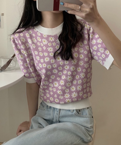 Girly Doll ニット 花柄半袖サマーニットトップス レディース
