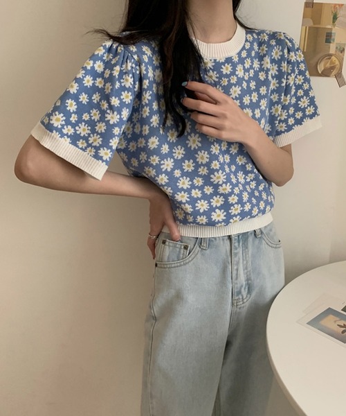 Girly Doll ニット 花柄半袖サマーニットトップス レディース