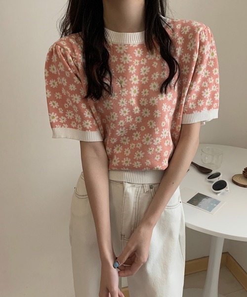 Girly Doll ニット 花柄半袖サマーニットトップス レディース