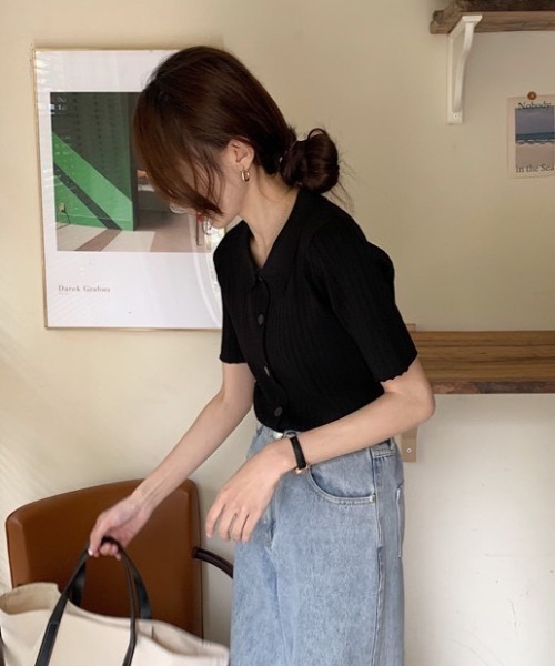 未使用級✨ RED VALENTINO リブニット ポロシャツ　ブルー　Ｌ LACーVERT ブラウス シャツ 変形ボタンリブニットポロシャツ
