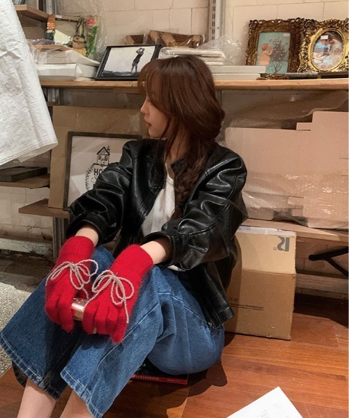 手袋 指穴付き パール リボン ニット グローブ レディース : ZOZOTOWN