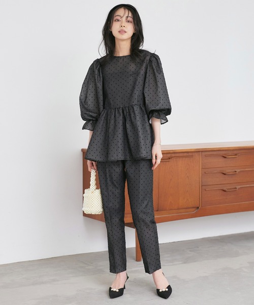 ルイルエブティック シアー袖 パンツドレス パンツスーツ セットアップ ペプラム RUIRUE BOUTIQUE（ルイルエブティック） パンツドレス 洗える