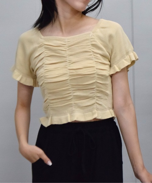 tシャツ 「＆soiree」スクエアネック半袖ニットプルトップス レディース