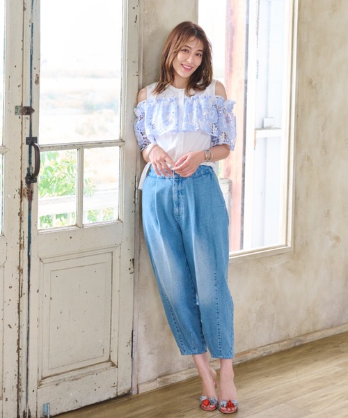 TO BE CHIC ミックスツイードフリル デニムパンツ ジーパン Chesty（チェスティ） ワイドパンツ ジーンズ デニム デニムパンツ
