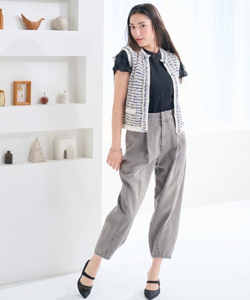 TO BE CHIC ミックスツイードフリル デニムパンツ ジーパン Chesty（チェスティ） ワイドパンツ ジーンズ デニム デニムパンツ
