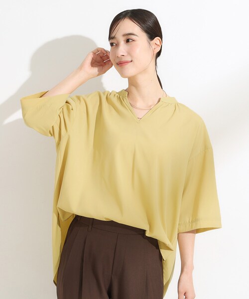 ヤッコマリカルド 半袖ブラウス 黄緑 バックギャザー ゆったりサイズ　D368 SHOO・LA・RUE（シューラルー） ブラウス シャツ 「S-LL/洗濯後しわに