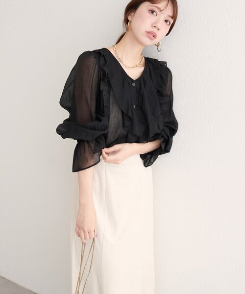 フリリーブラウス(黒) natural couture ブラウス シャツ 「WEB限定」フリリーブラウス