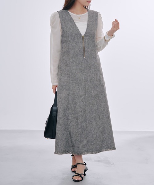 ワンピース ツイードフロントジップジャンパースカート 「低身長・小柄