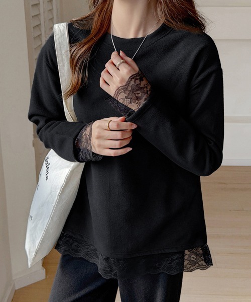 tシャツ 裾レースラウンドネックカットソー レディース : ZOZOTOWN