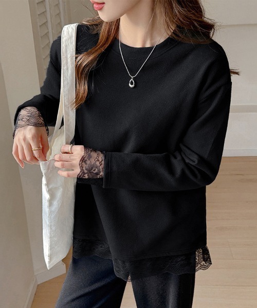 その他 Tシャツ・カットソー レディース tシャツ 裾レースラウンドネックカットソー レディース : ZOZOTOWN