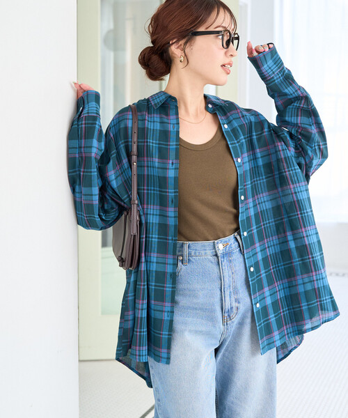 ブラウス シャツ 限定展開　ビッグシルエット チェック ボリュームシャツ レディースの画像