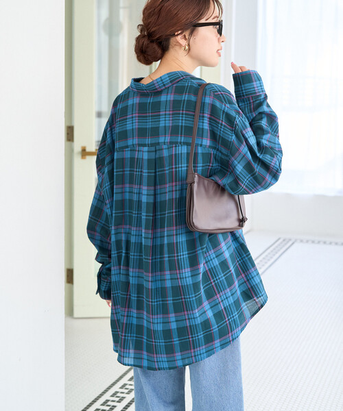 ブラウス シャツ 限定展開　ビッグシルエット チェック ボリュームシャツ レディースの画像
