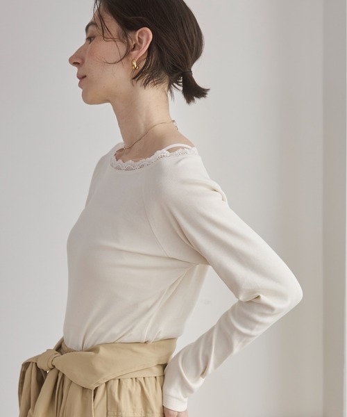ANGIE tシャツ レーストリムボートネックカットソー レディース