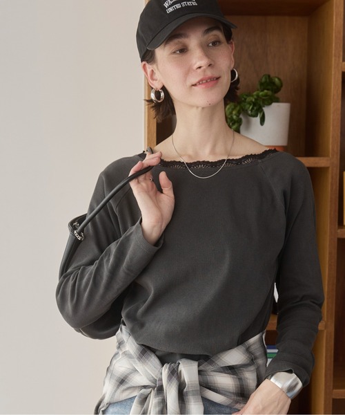 ANGIE tシャツ レーストリムボートネックカットソー レディース