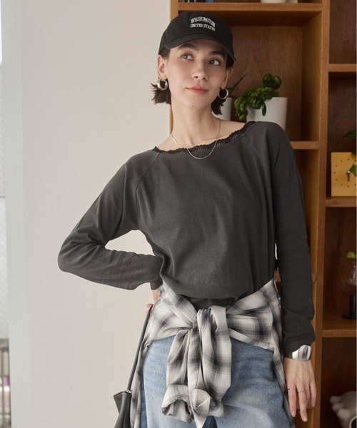 ANGIE tシャツ レーストリムボートネックカットソー レディース