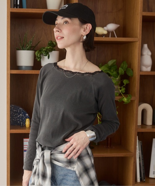 ANGIE tシャツ レーストリムボートネックカットソー レディース