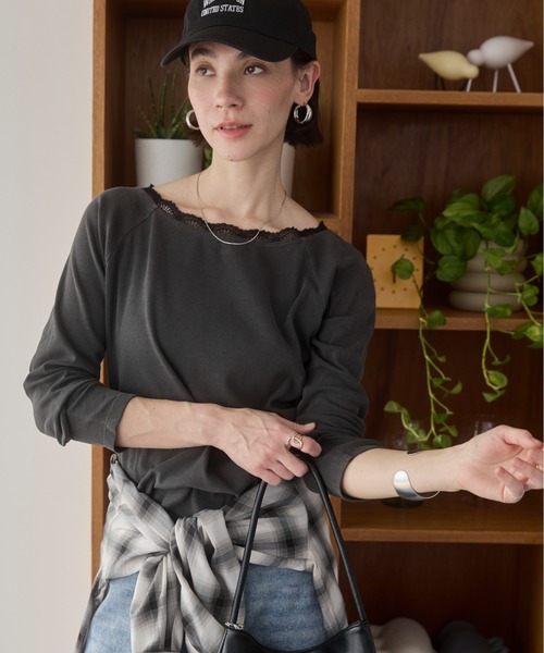ANGIE tシャツ レーストリムボートネックカットソー レディース